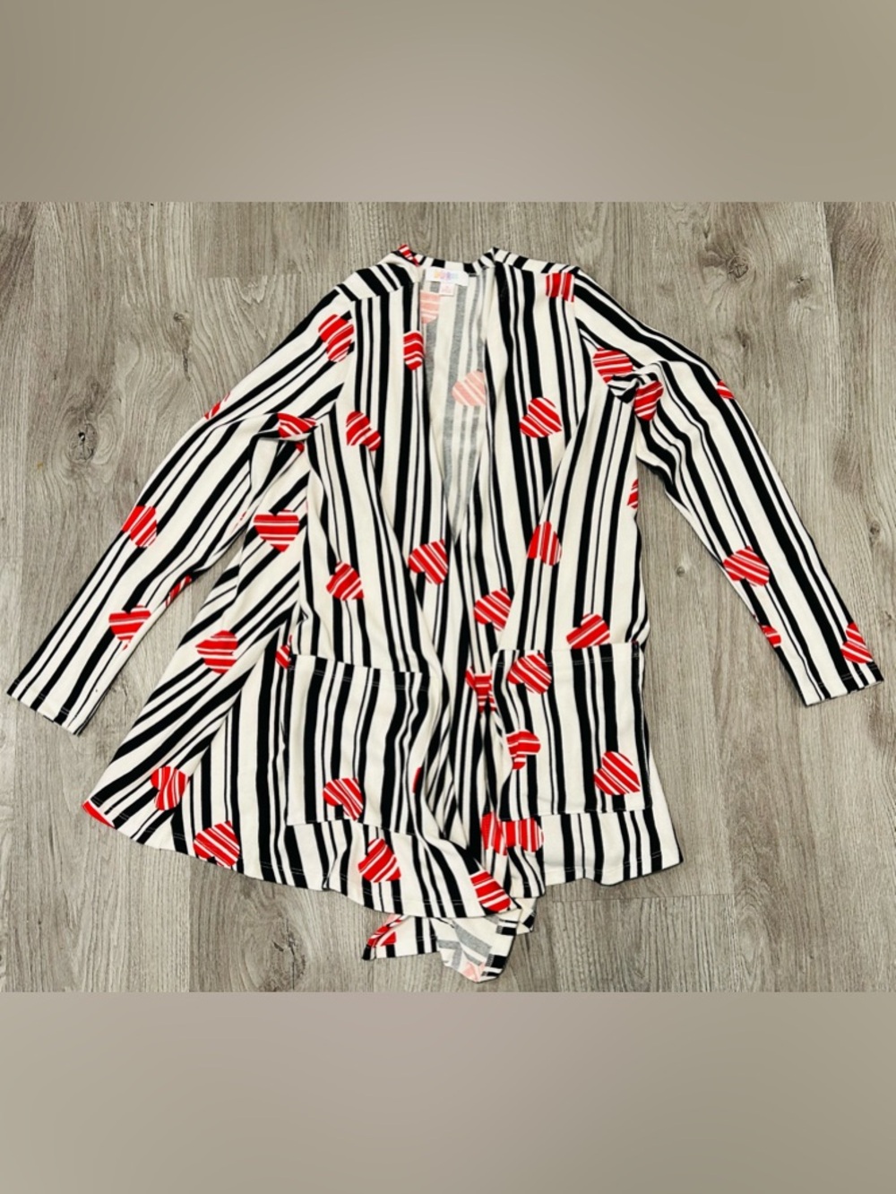 LuLaRoe Oversized Small Black and White Striped Cardigan w Red Heart Accents